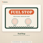 Placeholder mockup (not a final Printify product photo): flat design preview of the Fuel Stop feeding mat artwork: retro FUEL STOP sign, OPEN 24 HOURS, SNACKS ARE A RIGHT, KIBBLE and WATER bowl circles and a checkered strip (concept art, size and colors not final)
