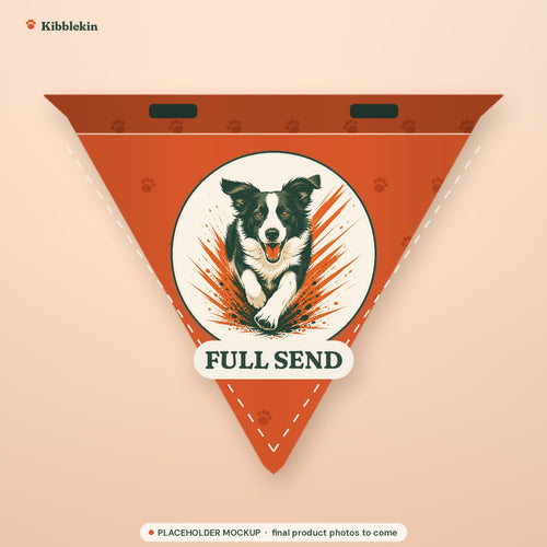 Placeholder mockup (not a final Printify product photo): persimmon orange dog bandana collar with a paw-print pattern, a sprinting border collie patch and the words FULL SEND