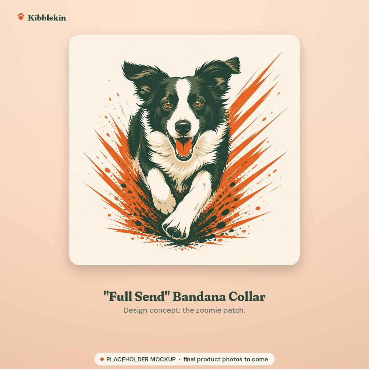 Placeholder mockup (not a final Printify product photo): bold flat border collie zoomie illustration used on the Full Send bandana collar design