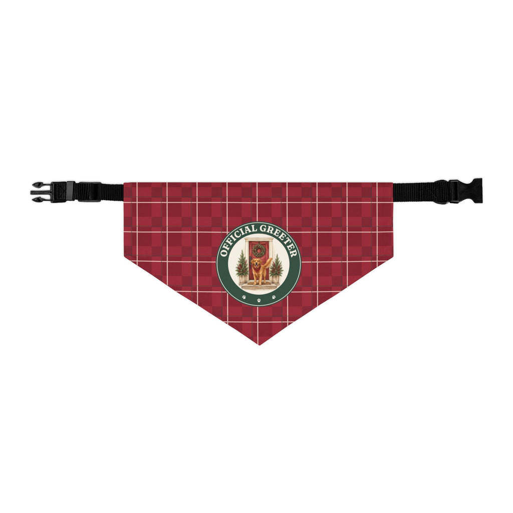 Official Greeter holiday plaid dog bandana collar, cranberry and cream plaid with an OFFICIAL GREETER patch, front view