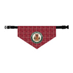 Official Greeter holiday plaid dog bandana collar, cranberry and cream plaid with an OFFICIAL GREETER patch, front view