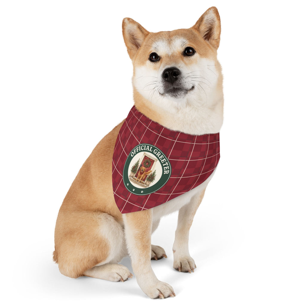 Shiba inu wearing the Official Greeter holiday plaid bandana collar