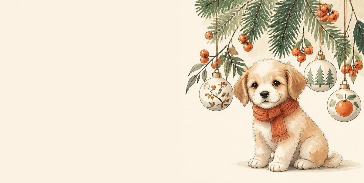Concept art: a puppy in a scarf under pine branches and ornaments