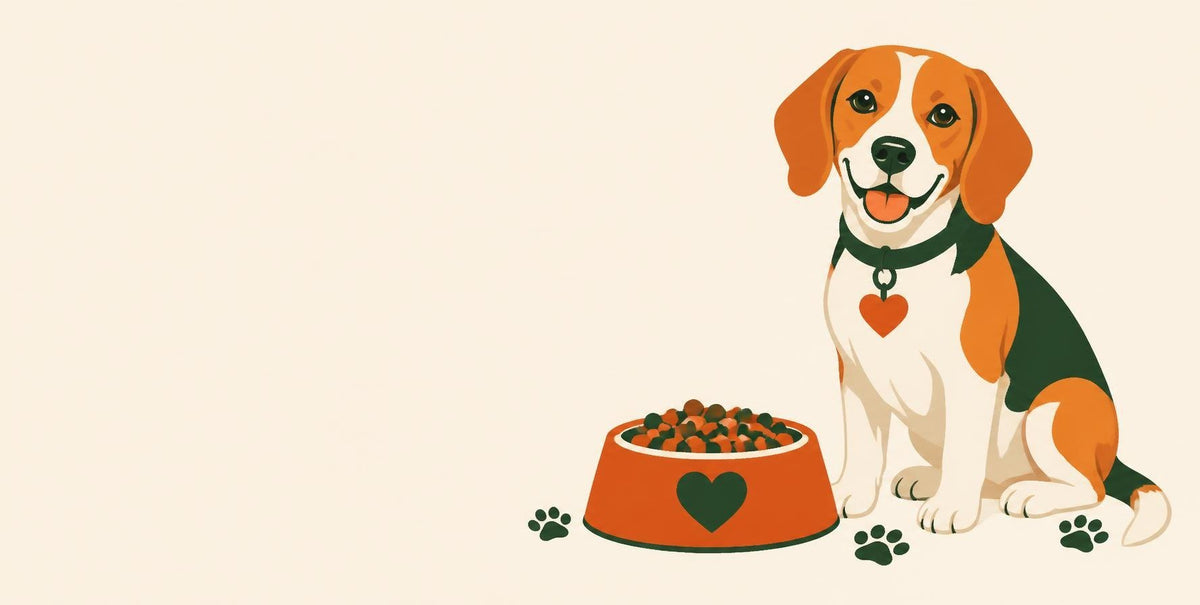 Concept art: a beagle with a heart tag next to a food bowl