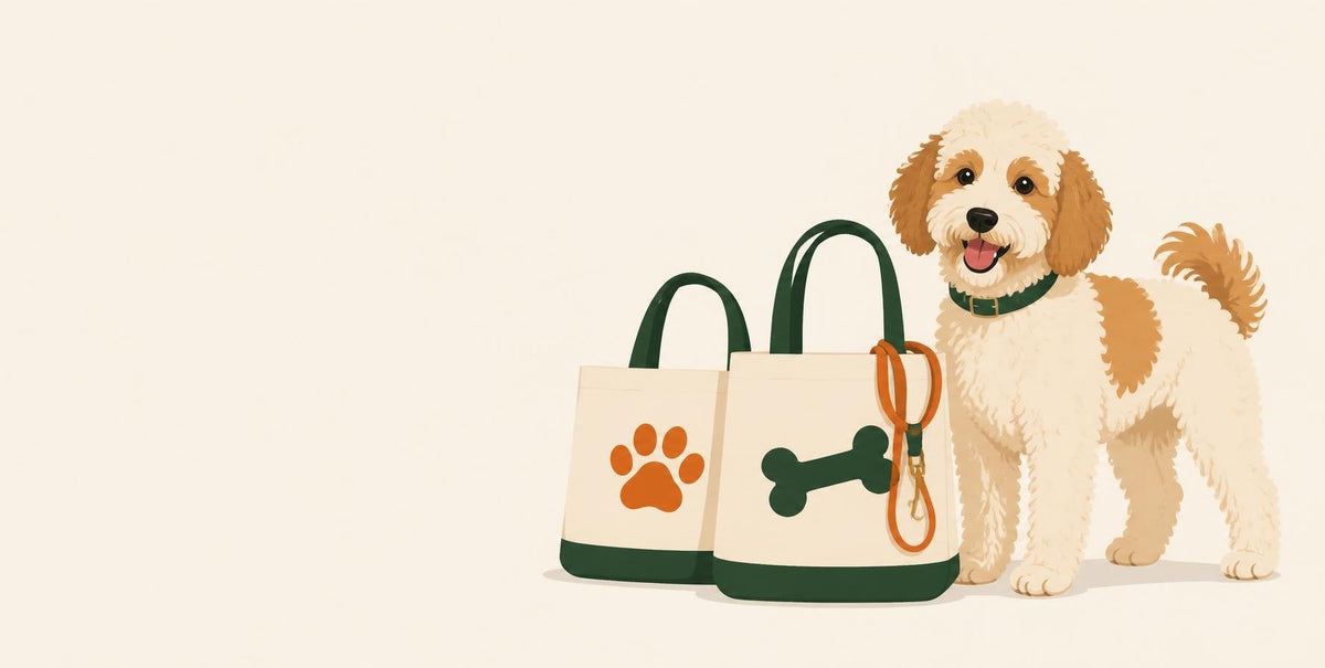 Concept art: a goldendoodle beside two tote bags
