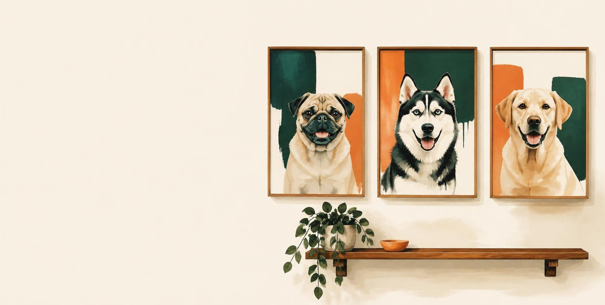 Concept art: three framed dog portraits on a wall above a shelf