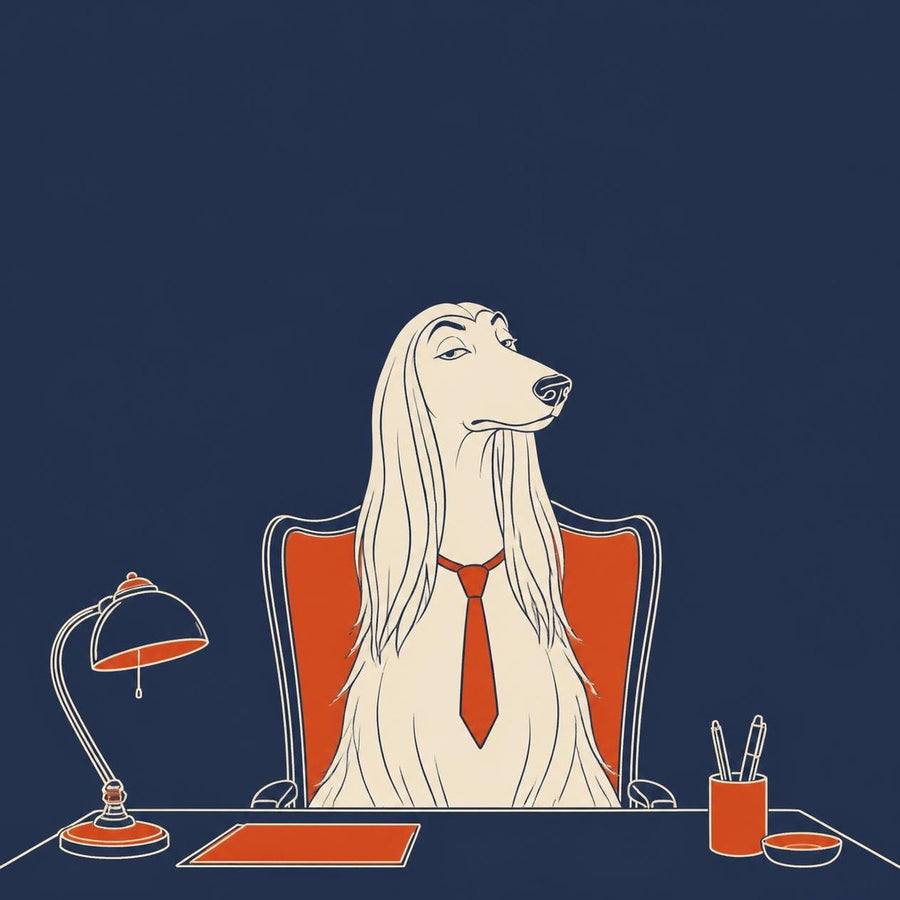 Concept art: an Afghan hound at a desk with a lamp and a red tie