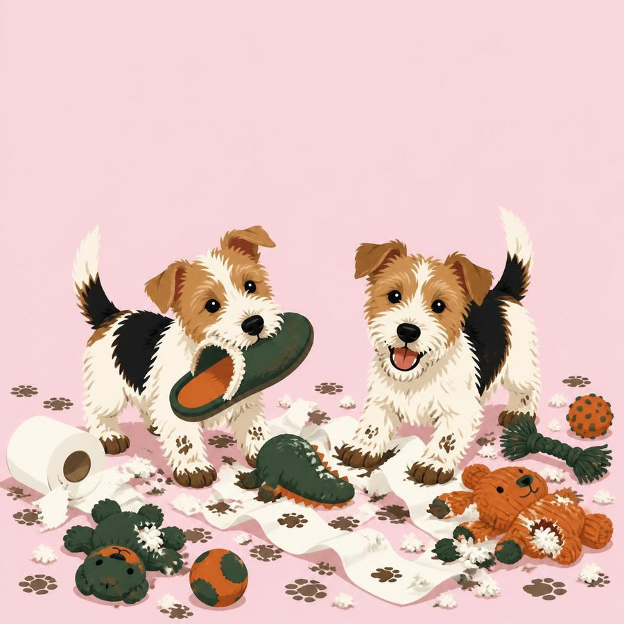 Concept art: two terriers in a pile of shredded toys