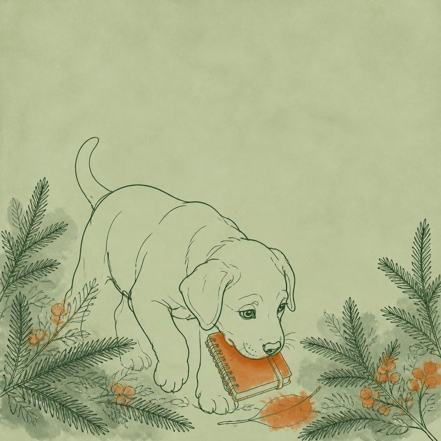 Concept art: a line-drawn puppy sniffing among pine sprigs