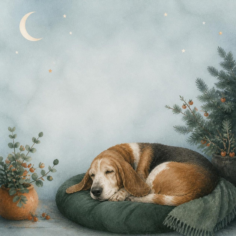 Concept art: a sleepy beagle curled up on a green dog bed under a moon