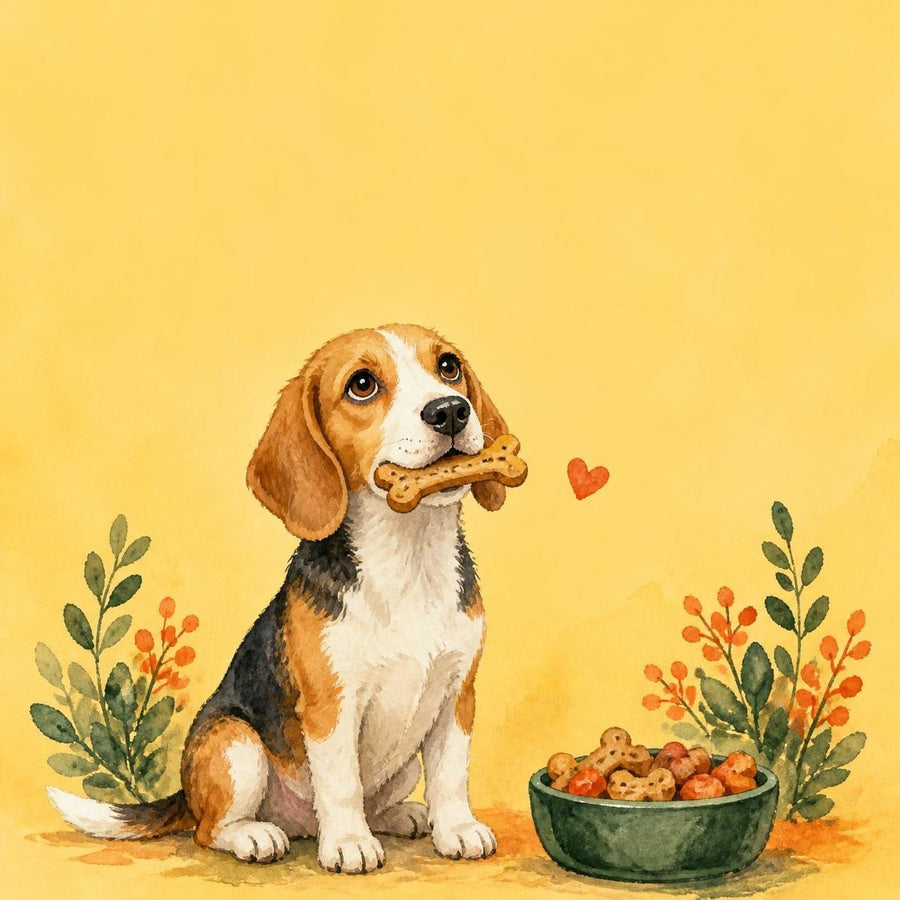 Concept art: a beagle holding a treat beside a bowl of kibble
