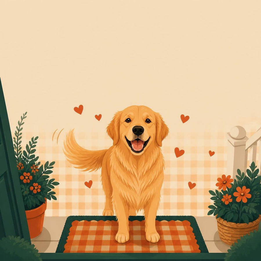 Concept art: a golden retriever on a plaid doormat with hearts