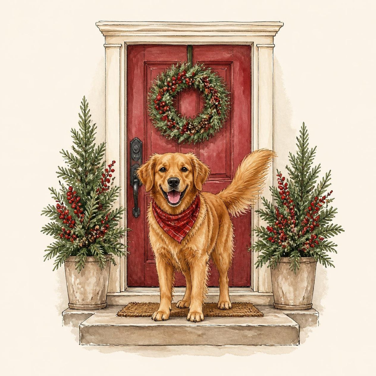 Concept art: a golden retriever in a red bandana on a front step beside a wreathed red door