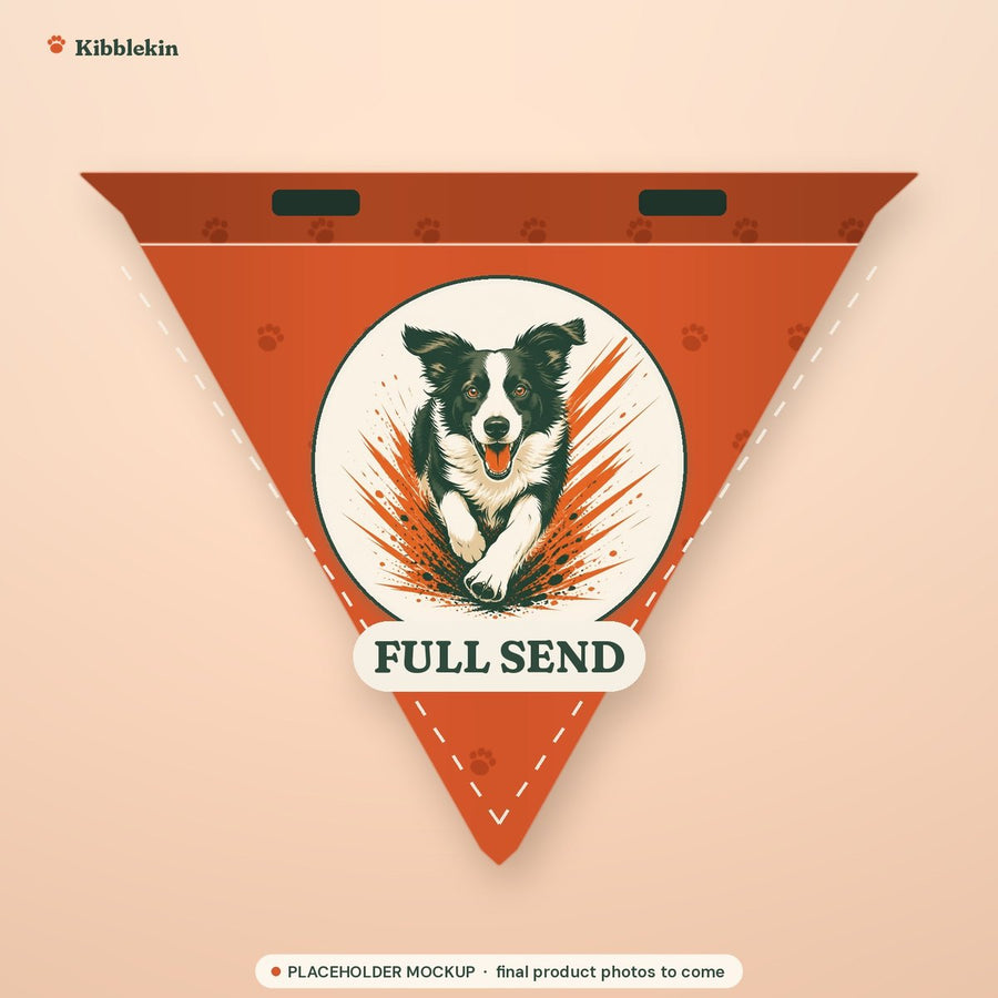 Placeholder mockup: a persimmon FULL SEND dog bandana